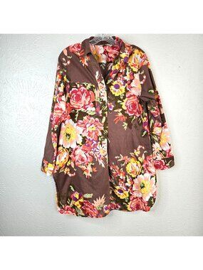 Soft Surroundings Floral Collar Shirt Cotton Brown Fall Tunic Blouse Size Medium